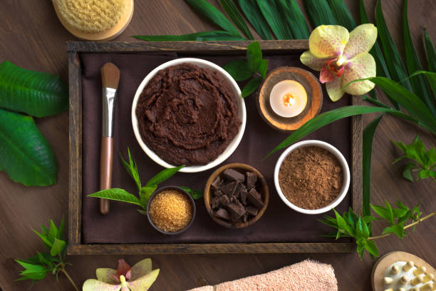 chocolate spa composition - chocolate spa treatment alternative therapy towel imagens e fotografias de stock