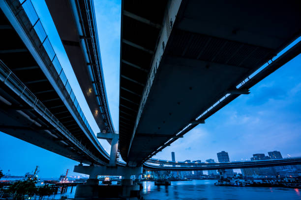 Elevated highway, Tokyo Japan, Odaiba - Tokyo, Rainbow Bridge - Tokyo, Tokyo - Japan, Tokyo Bay low angle street japan stock pictures, royalty-free photos & images