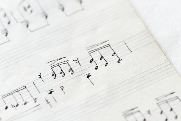 istock Fragment of an old musical notebook with hand written notes close up 1148558189