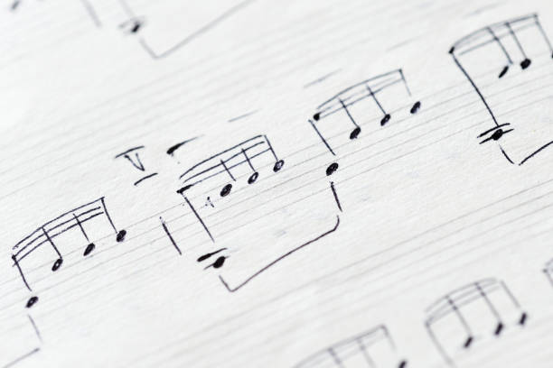 istock Fragment of an old musical notebook with hand written notes close up 1148558192