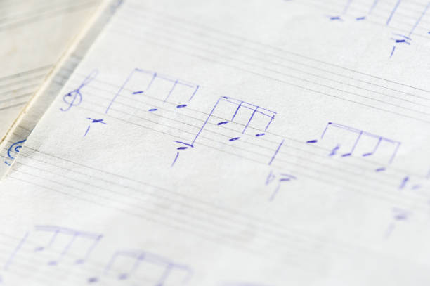istock Fragment of an old musical notebook with hand written notes close up 1148558201