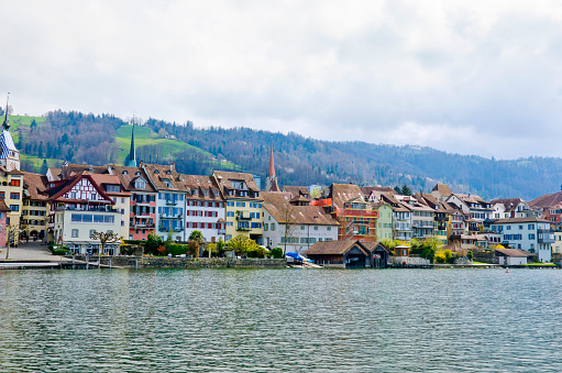 View of the city of Zug from Lake Zug. Zug is a city in Switzerland.
