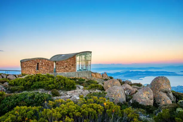 The view at Mount Wellington at sunset in Hobart, Tasmania, Australia.  Mount Wellington is a popular location to watch sunset and is a short drive from Hobart city centre.