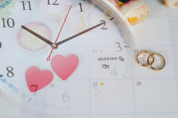 istock Word Wedding to Reminder Wedding day with Wedding ring on calendar planning and office tool. 1148567952