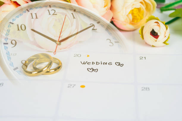 istock Reminder Wedding day with Wedding ring on calendar planning and office tool. 1148568002
