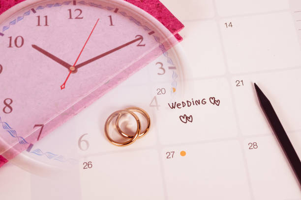 istock Word Wedding to Reminder Wedding day with Wedding ring on calendar planning and office tool. 1148568038