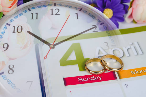 istock Gold Wedding ring on calendar planning or office tool. 1148568048