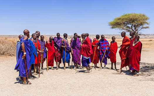 Serengeti, Tanzania - September 21. 2012: A groupd of Massai men in colorful cloth gethering together in a Massai village in the Serengeti National Park