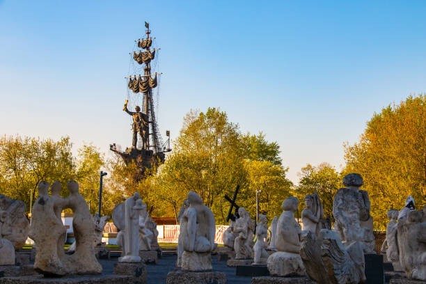 Moscow, Russia - April 30, 2019: Monument of Peter the Great and stone sculptures, view from Muzeon park on Crimean embankment