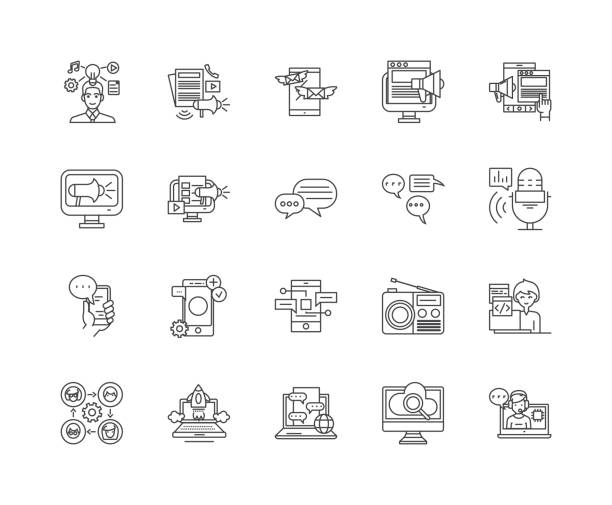 ilustrações de stock, clip art, desenhos animados e ícones de advertising media line icons, signs, vector set, outline illustration concept - using mobile