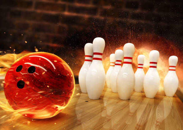 istock Bowling hit with fire ball rolling on the floor 1148581212