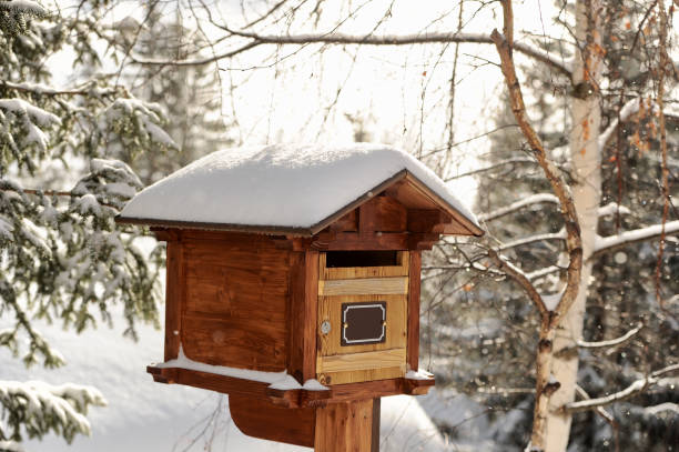 Wooden hut in winter scenery with snowy background