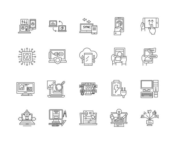 ilustrações, clipart, desenhos animados e ícones de linha ícones da automatização, sinais, jogo do vetor, conceito da ilustração do esboço - mobile internet