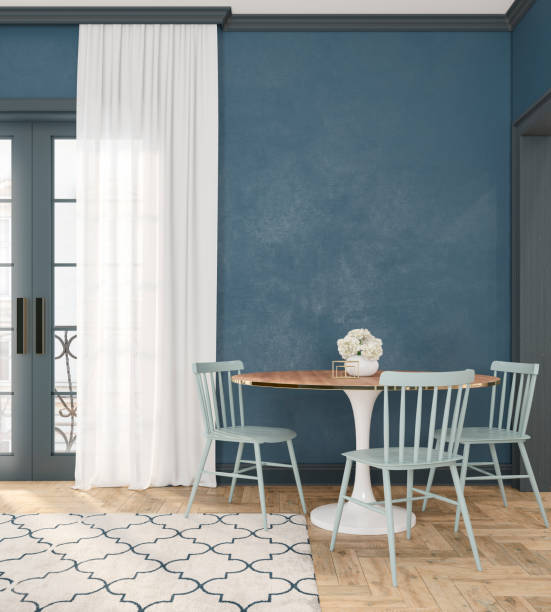 istock Classic blue empty interior room with dinner table, chairs, curtain, wooden floor and flowers. 3d render illustration. 1148584224