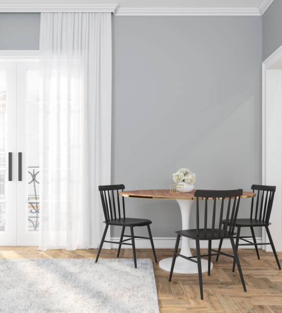 istock Classic gray empty interior room with dinner table, chairs, curtain, wooden floor and flowers. 3d render illustration. 1148584231