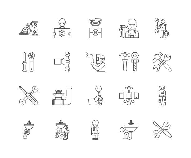 kesselinstallationen und reparaturen linien-icons, schilder, vektor-set, umrissbilder konzept - sink toilet bathtub installing stock-grafiken, -clipart, -cartoons und -symbole