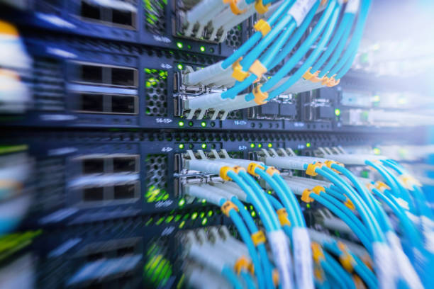 istock Fiber Optical connector interface. Fibre Channel swich. Severs computer in a rack at the large data center 1148584912