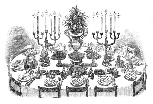 ilustraciones, imágenes clip art, dibujos animados e iconos de stock de mesa de comedor decorada para 12 personas del siglo 19 - cena ilustraciones