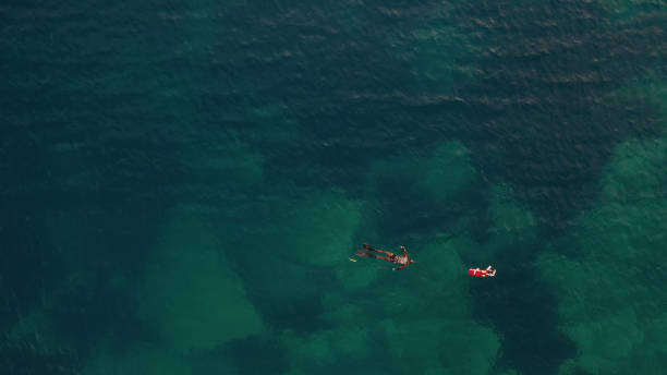 Aerial drone view: spearfishing at sea