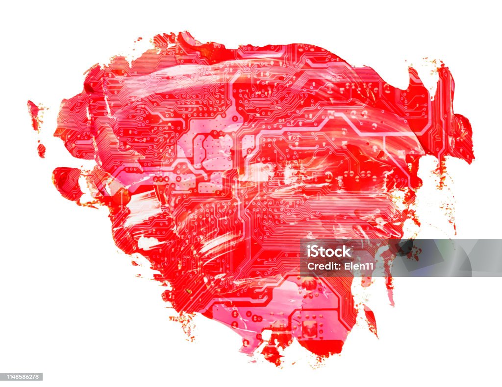 Background for technology design - circuit board heart on red oil texture paint stain brush stroke, hand painted, isolated on white background. EPS 10 vector illustration. Abstract stock vector