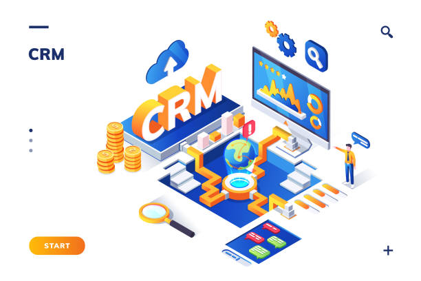 ilustrações de stock, clip art, desenhos animados e ícones de isometric banner for crm or erp. customer, client - setup operator