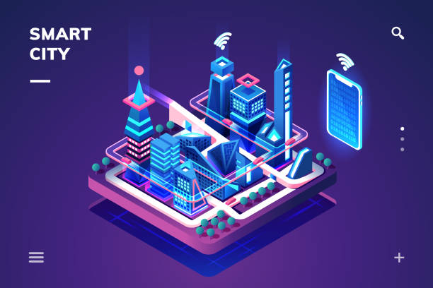 Smart city or isometric town with IoT or GPS tech Smart city or isometric town. 3d skyscrapers and smartphone with wi-fi or internet of things, iot or gps, tracking technology. Cityscape illustration connected with phone or tablet controller. Future building technology stock illustrations