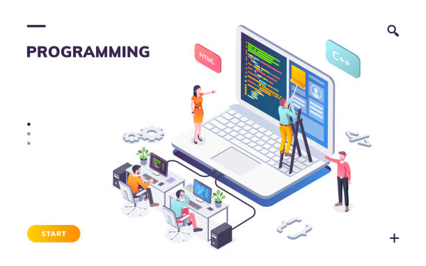 개발자와 노트북을 갖춘 프로그래밍 사무실 - coding html web page computer software stock illustrations