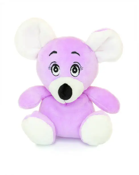 Mouse plushie doll isolated on white background with shadow reflection. Mouse plush stuffed puppet on white backdrop. Colored stuffed mouse toy. Purple mouse.