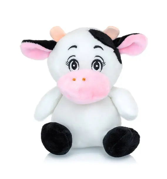 Cow plushie doll isolated on white background with shadow reflection. Cow plush stuffed puppet on white backdrop. Cow toy for small children.