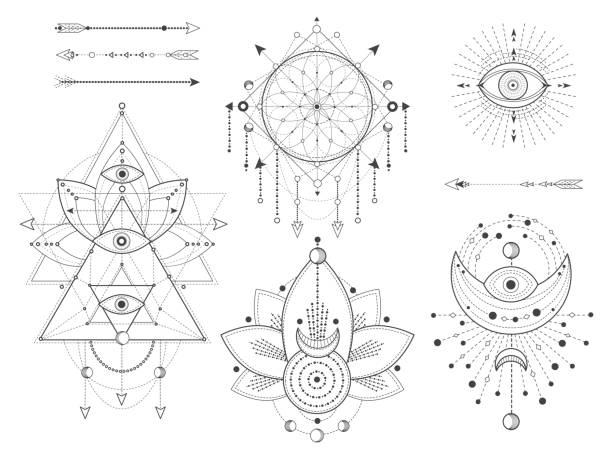 Vector set of Sacred geometric and natural symbols on white background. Abstract mystic signs collection. Vector set of Sacred geometric and natural symbols on white background. Abstract mystic signs collection. Black linear shapes. For you design or modern magic craft. half moon stock illustrations