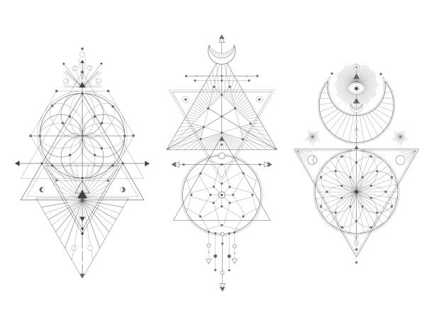 ilustrações, clipart, desenhos animados e ícones de jogo do vetor de símbolos geométricos sagrados no fundo branco. coleção abstrata dos sinais do místico. - holy symbol