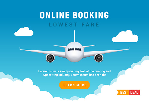 Flight travel trip banner for online booking. Vector Airplane ticket online sale design promo template.