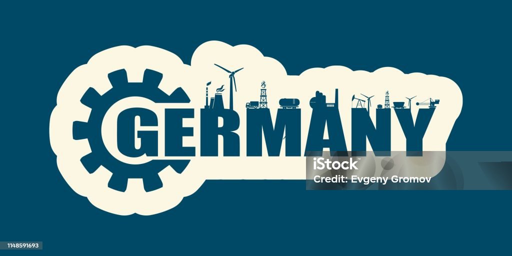 Energy and Power icons. Germany word Energy and Power icons. Sustainable energy generation and heavy industry. Germany word decorated by gear Air Pollution stock vector