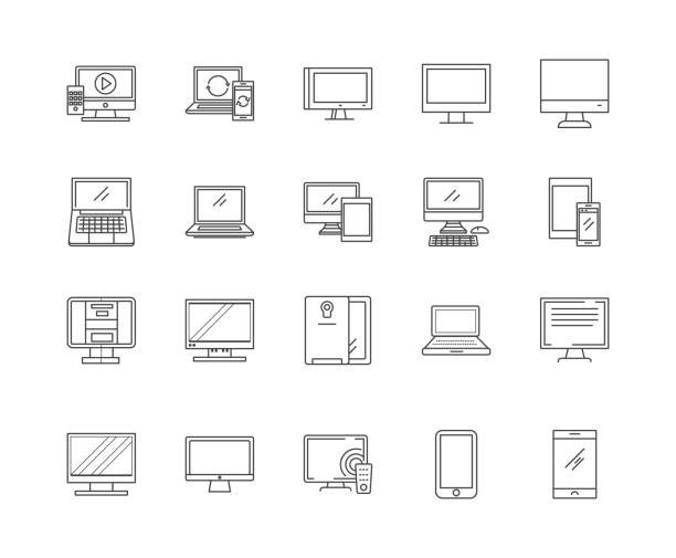 ilustrações, clipart, desenhos animados e ícones de linha ícones dos computadores, sinais, jogo do vetor, conceito da ilustração do esboço - using mobile