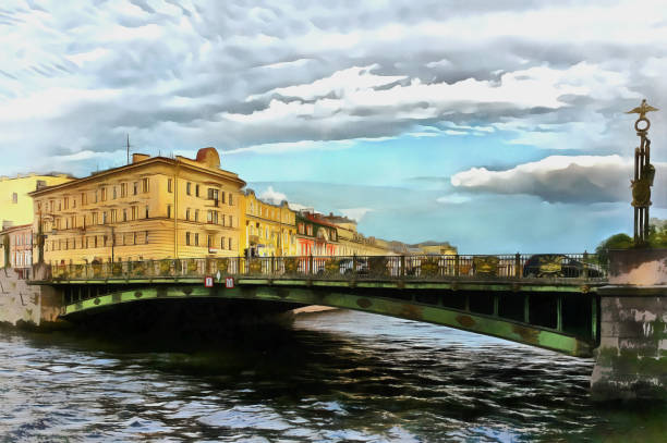 Panteleymonovsky Bridge across the Fontanka River in the city of St. Petersburg in Russia. Digital watercolor painting.