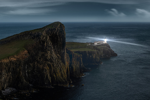 Night view over the Neist Point Lighthouse, Isle of Skye, Scotland, UK