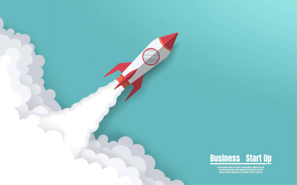 Rocket launch up to the sky Business start up, Rocket launch up to the sky, Paper art design, Start up business concept,Vector illustration flat takeoff stock illustrations