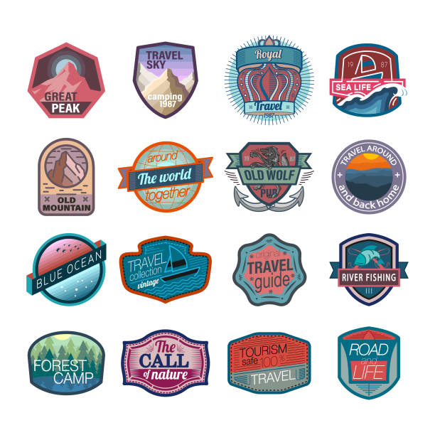 Travel and camping icons and  logo Hiking, Travel Destination, USA, Logo, Badge, Mountain, Icon set desert camping stock illustrations