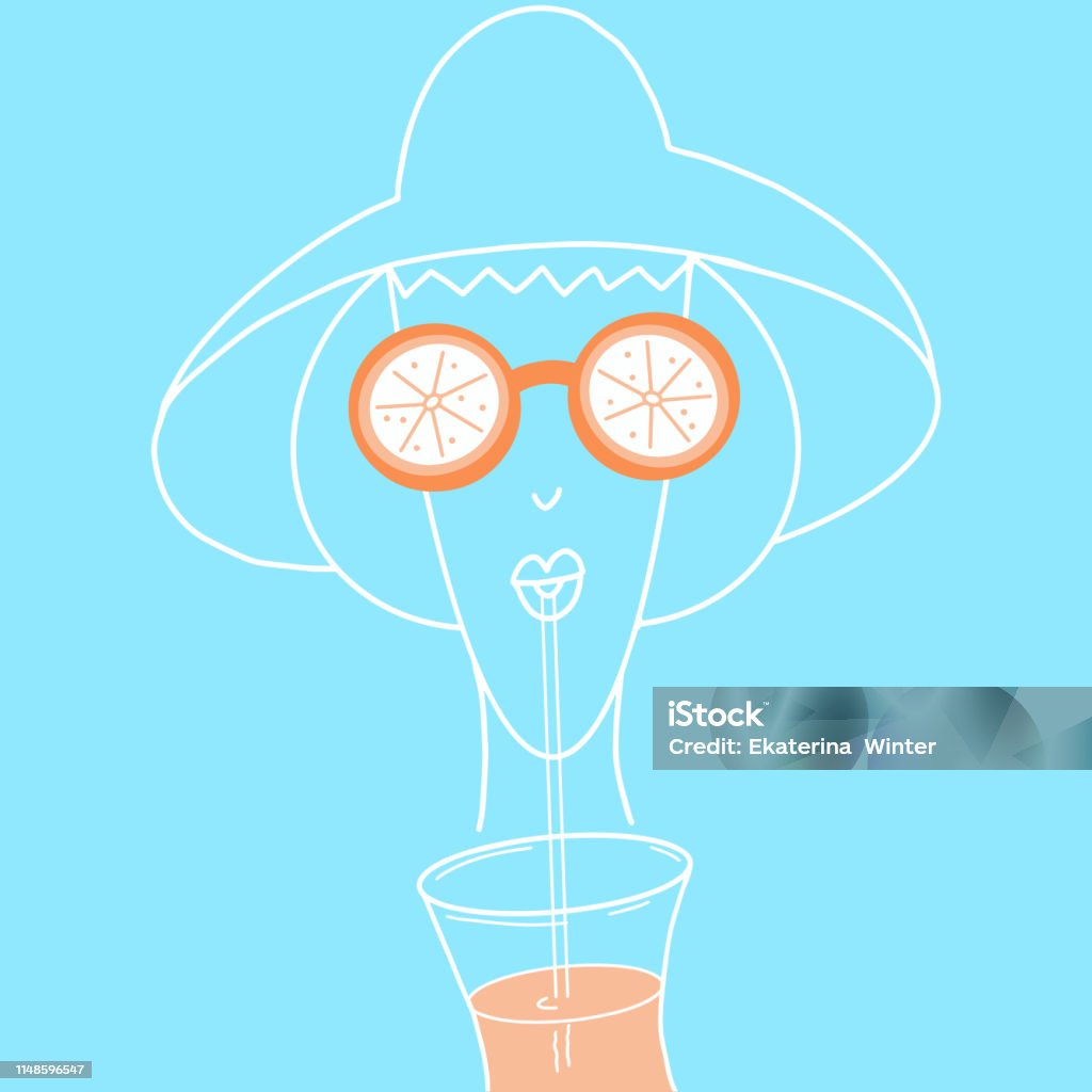 Summer girl Illustration of a woman in a hat and sunglasses drinking orange juice.  Blue background. Summer poster design - Vector Art stock vector