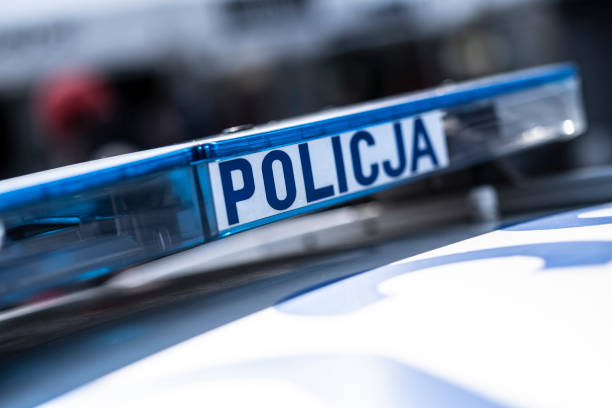 Vigilum circuitu. Police car on streets. Close up of polish police car on Cracow street. No logos visible. poland stock pictures, royalty-free photos & images