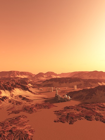Science fiction illustration of a future colony on Mars, 3d digitally rendered illustration