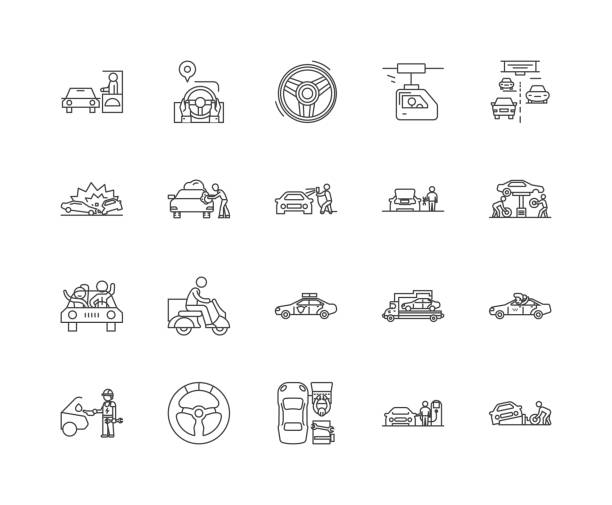 ilustrações de stock, clip art, desenhos animados e ícones de drive line icons, signs, vector set, outline illustration concept - drive