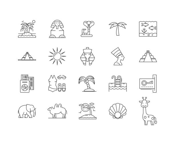 ikony linii egiptu, znaki, zestaw wektorów, kontur ilustracji konspektu - pyramid cairo egypt tourism stock illustrations