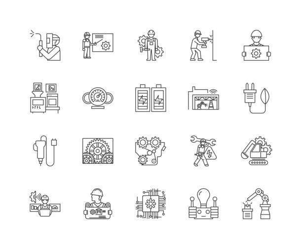 ilustraciones, imágenes clip art, dibujos animados e iconos de stock de iconos de línea de aparatos industriales eléctricos, señales, conjunto de vectores, concepto de ilustración de contorno - installing