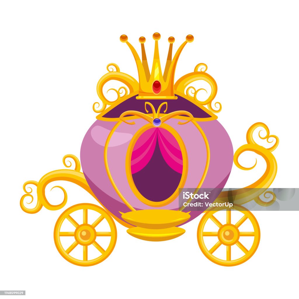 Princess carriage, decorated with diamonds, a crown, precious stones. Fairy tale Cinderella, myth, legend, medieval culture of Europe. Vector, illustration, cartoon style, isolated Princess carriage, decorated with diamonds, a crown, precious stones Carriage stock vector