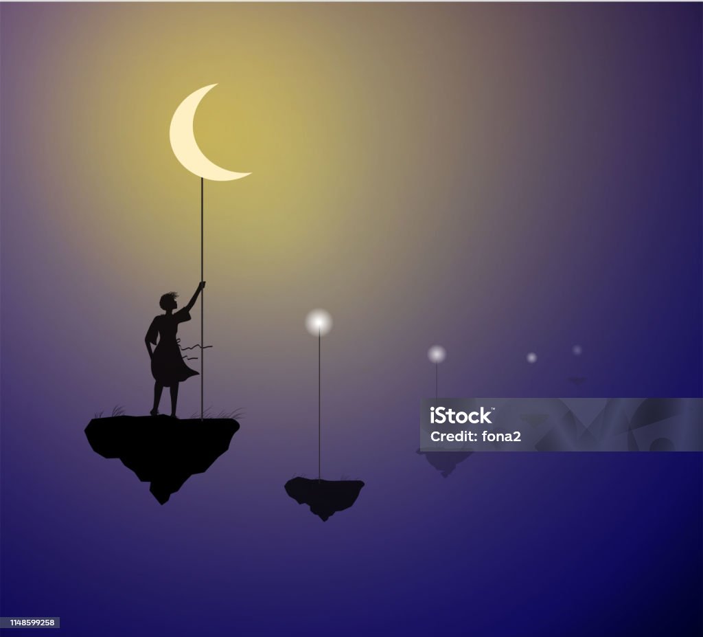 girl with white moon standing on the flying rock, hold the moon on the sky, life on the flying rock, shadows, vector Night stock vector