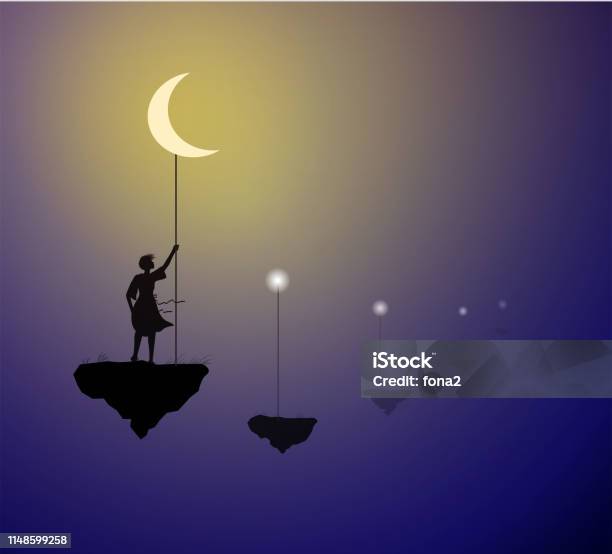 Girl With White Moon Standing On The Flying Rock Hold The Moon On The Sky Life On The Flying Rock Shadows Vector Stock Illustration - Download Image Now