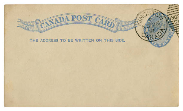 istock Kingston, Canada  - circa 1891: Blanked Canadian historical Post Card with blue text in vignette, Imprinted One Cent Queen Victoria Stamp, Fancy cancel 1148599770