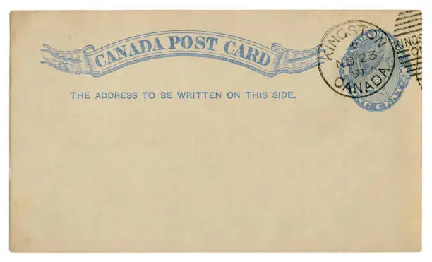 Photo of Kingston, Canada  - circa 1891: Blanked Canadian historical Post Card with blue text in vignette, Imprinted One Cent Queen Victoria Stamp, Fancy cancel