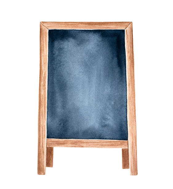 drewniany znak tablicy a-frame. jeden obiekt, widok z przodu. ręcznie rysowane malowanie akwarelą na białym tle, wycięcie elementu obiektu clipart do kreatywnego projektowania, aby umieścić cenę lub wiadomość tekstową. - easel blackboard isolated wood stock illustrations